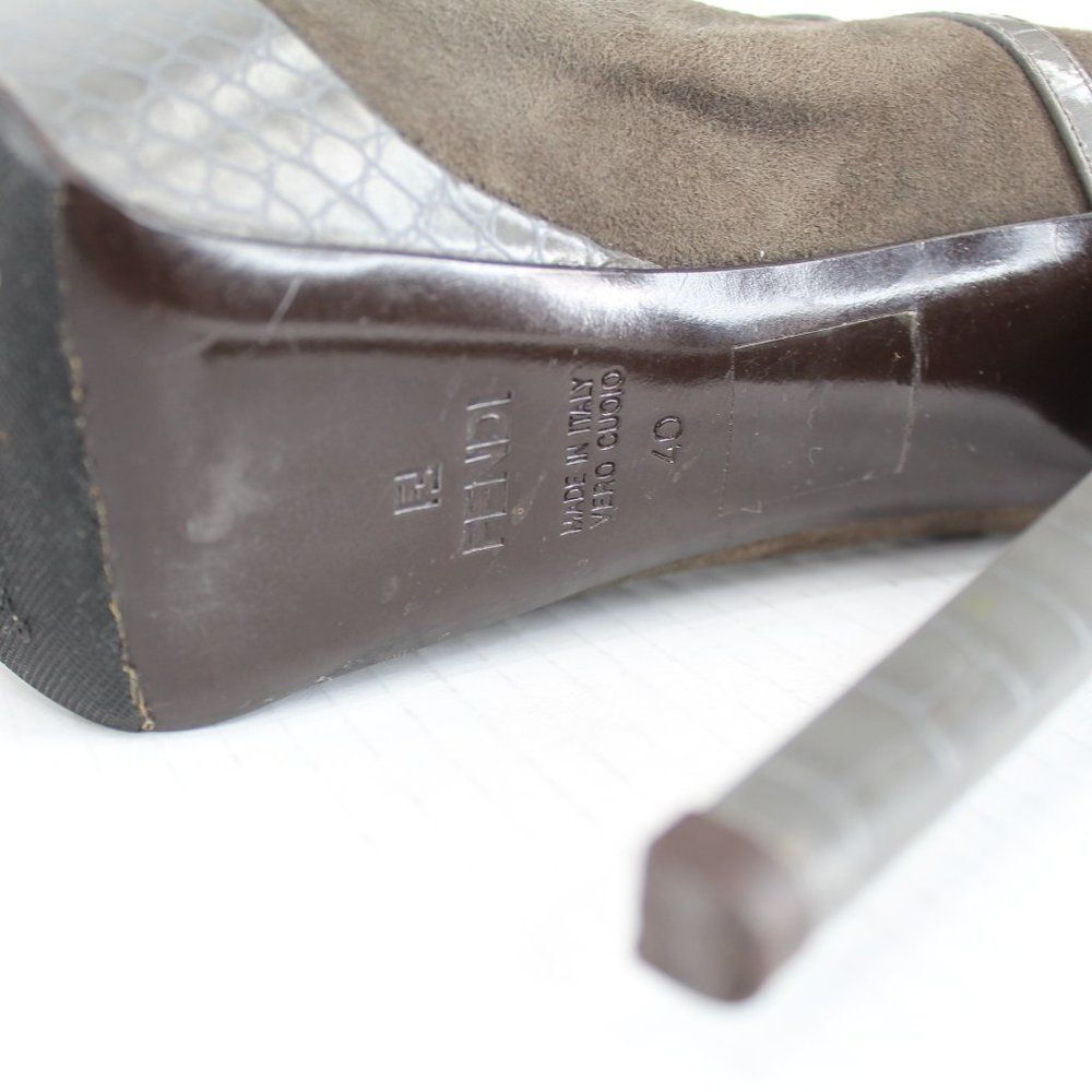 Fendi Olive Suede Croc Platform Pumps Ankle Strap Mary Jane Stiletto Heels 40 - Picture 9 of 14